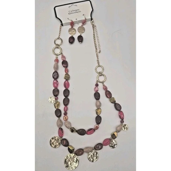 Catherine Malandrino Adj Necklace Earrings Set Layered Pink Iridescent Gold Tone - Picture 2 of 9